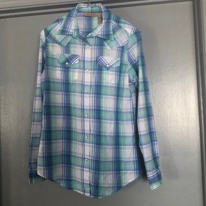 Wrangler womens pearl snap blue green plaid western shirt  sz Small Petite
